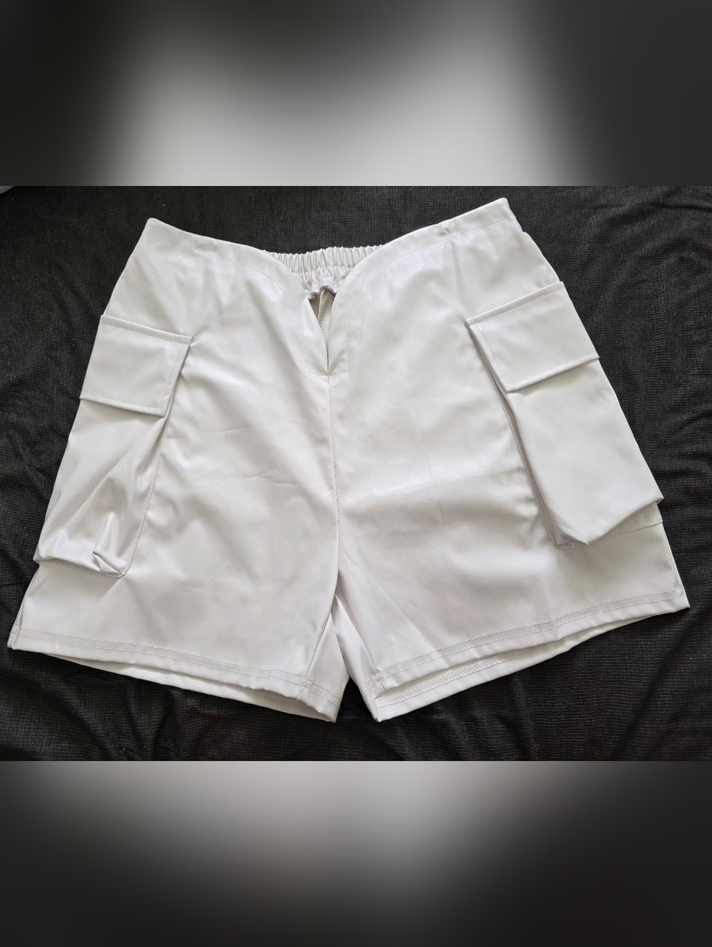White Cargo Pocket Shorts with Elastic Waist- Vegan Leather